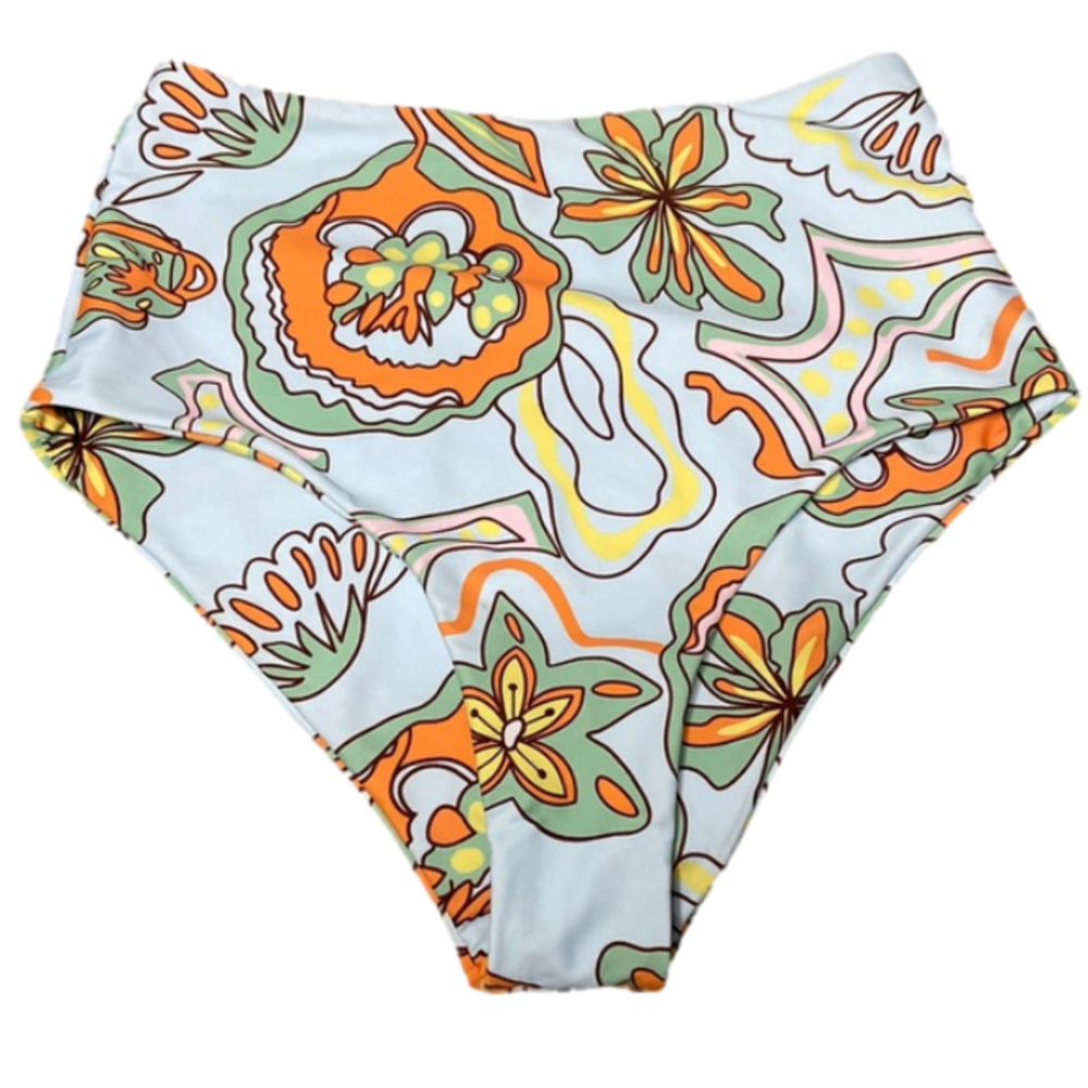 ZAFUL High Rise Swimsuit Bottom Blue Orange Floral Small 4